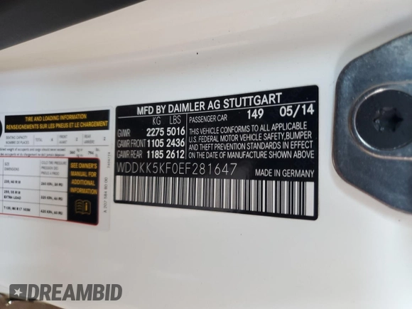 2014 Mercedes-Benz E 350 with VIN WDDKK5KF0EF281647, listed as a Copart auction lot 52977095 with 73,345 mi miles and Salvage Title. Bid and sale history available at DreamBid. Image 12.