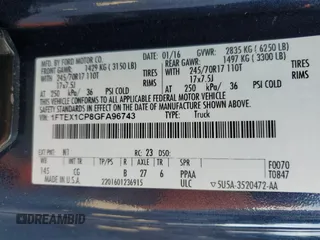 2016 Ford F-150 XL with VIN 1FTEX1CP8GFA96743, listed as a Copart auction lot 50309085 with 122,835 mi miles and Salvage Title. Bid and sale history available at carsss.com. Image 14.
