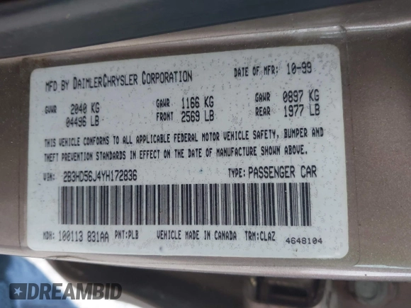 2000 Dodge Intrepid ES z VIN 2B3HD56J4YH172836, wystawiony jako IAAI lot #41880642 z przebiegiem Nie podano mil oraz . Historia ofert i sprzedaży dostępna na DreamBid. Obrazek 9.