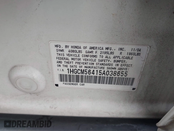 2005 Honda Accord LX with VIN 1HGCM56415A038655, listed as a IAAI auction lot 42565881 with 210,681 mi miles and . Bid and sale history available at DreamBid. Image 9.