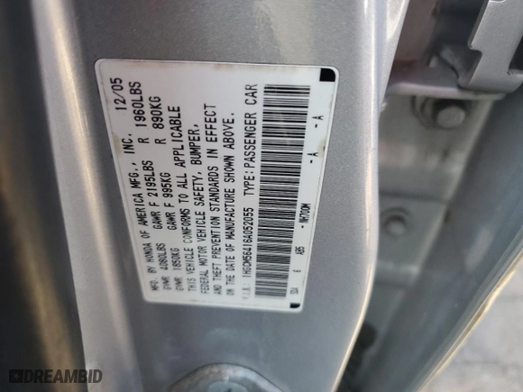 2006 Honda Accord Sdn LX with VIN 1HGCM56416A052055, listed as a Copart auction lot 51306495 with 268,506 mi miles and Clean Title. Bid and sale history available at carsss.com. Image 12.