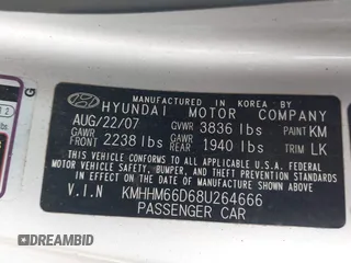 2008 Hyundai Tiburon GS z VIN KMHHM66D68U264666, wystawiony jako IAAI lot #41970123 z przebiegiem 186 448 mil mil oraz . Historia ofert i sprzedaży dostępna na DreamBid. Obrazek 9.