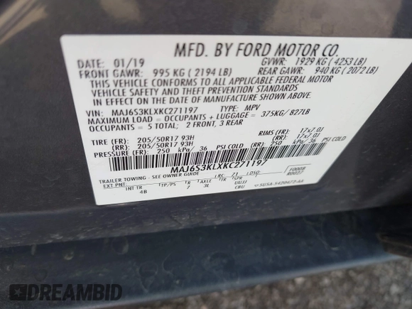 2019 Ford EcoSport Titanium with VIN MAJ6S3KLXKC271197, listed as a IAAI auction lot 42093623 with 79,199 mi miles and . Bid and sale history available at DreamBid. Image 9.