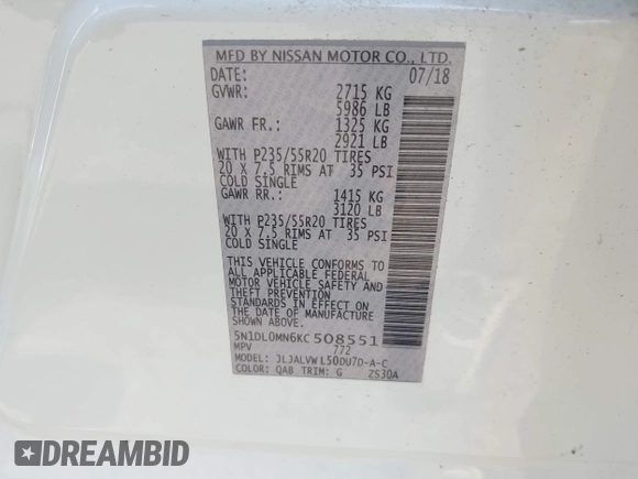 2019 Infiniti QX60 Pure with VIN 5N1DL0MN6KC508551, listed as a IAAI auction lot 42577741 with 130,937 mi miles and . Bid and sale history available at DreamBid. Image 9.