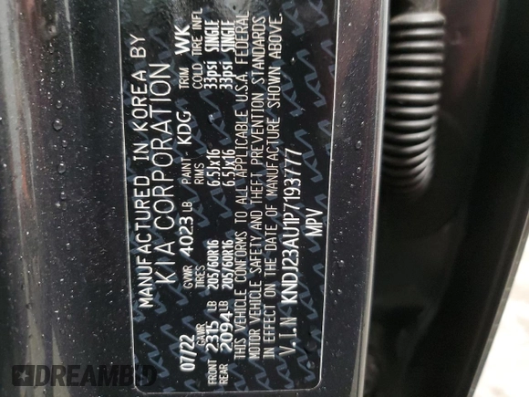 2023 Kia Soul LX with VIN KNDJ23AU1P7193777, listed as a Copart auction lot 51844455 with 44,390 mi miles and Non Repairable. Bid and sale history available at DreamBid. Image 14.