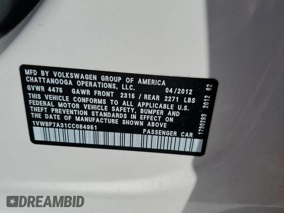 2012 Volkswagen Passat SE с VIN 1VWBP7A31CC084951, выставлен на аукционе Copart как лот 55726145 с пробегом 98 654 миль миль и Списание • Salvage title. История ставок и продаж доступна на DreamBid. Изображение 12.