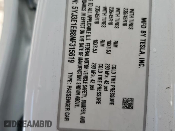 2022 Tesla Model 3 Long Range z VIN 5YJ3E1EB8NF315619, wystawiony jako Copart lot #73309884 z przebiegiem 34 811 mil mil oraz Szkoda całkowita • Salvage title. Historia ofert i sprzedaży dostępna na DreamBid. Obrazek 12.