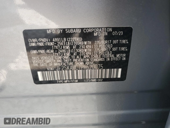 2023 Subaru Forester Wilderness with VIN JF2SKAMC7PH520075, listed as a Copart auction lot 59190715 with 40,834 mi miles and Salvage title. Bid and sale history available at DreamBid. Image 13.