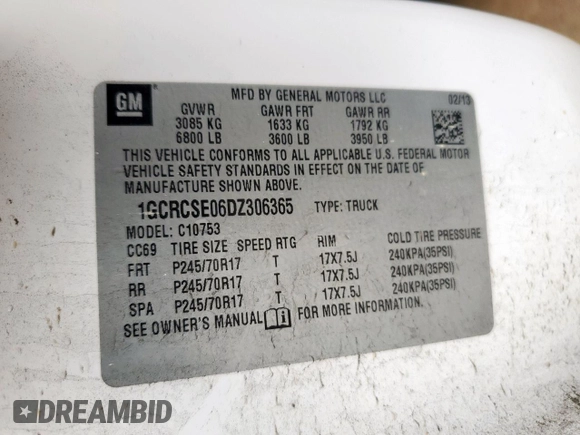 2013 Chevrolet Silverado 1500 LT with VIN 1GCRCSE06DZ306365, listed as a Copart auction lot 54683485 with 203,167 mi miles and Salvage Title. Bid and sale history available at DreamBid. Image 13.