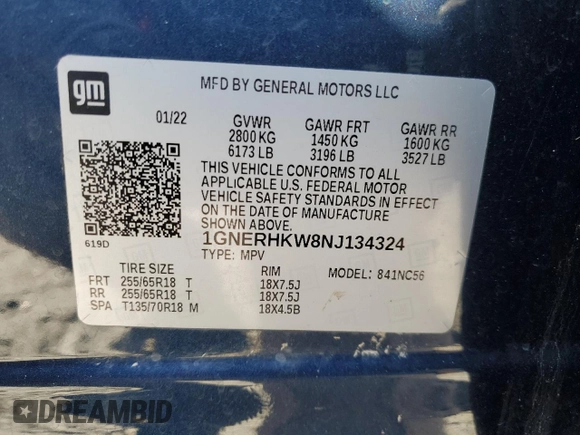 2022 Chevrolet Traverse LT Leather with VIN 1GNERHKW8NJ134324, listed as a Copart auction lot 45348315 with 59,419 mi miles and Salvage Title. Bid and sale history available at carsss.com. Image 15.