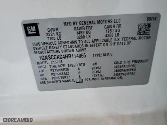 2017 Chevrolet Tahoe Premier with VIN 1GNSCCKC4HR114056, listed as a Copart auction lot 74930034 with 146,887 mi miles and Salvage Title. Bid and sale history available at carsss.com. Image 16.