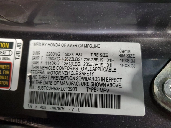 2019 Acura RDX Technology with VIN 5J8TC2H53KL013988, listed as a Copart auction lot 55577305 with 67,878 mi miles and Salvage title. Bid and sale history available at DreamBid. Image 13.