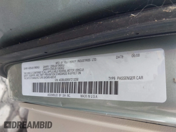 2009 Subaru Legacy Limited with VIN 4S3BL626597213258, listed as a IAAI auction lot 42397506 with 39,979 mi miles and . Bid and sale history available at DreamBid. Image 9.
