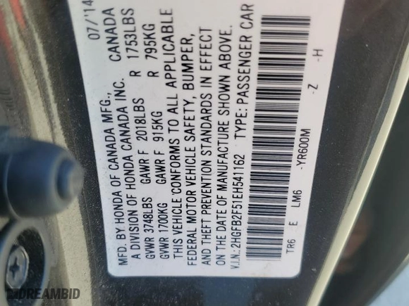 2014 Honda Civic Sedan LX with VIN 2HGFB2F51EH541162, listed as a Copart auction lot 52978265 with 177,937 mi miles and Salvage Title. Bid and sale history available at carsss.com. Image 12.