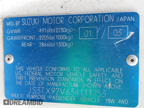 2003 Suzuki XL7 Touring with VIN JS3TX92V634111253, listed as a IAAI auction lot 41689146 with 255,861 mi miles and . Bid and sale history available at DreamBid. Image 9.
