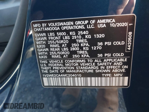 2021 Volkswagen Atlas SE with VIN 1V2WE2CA4MC204010, listed as a IAAI auction lot 41252081 with 41,106 mi miles and . Bid and sale history available at DreamBid. Image 9.