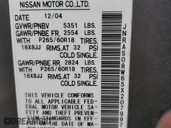 2005 Infiniti FX with VIN JNRAS08W65X207997, listed as a Copart auction lot 58434895 with 214,827 mi miles and Salvage title. Bid and sale history available at DreamBid. Image 13.