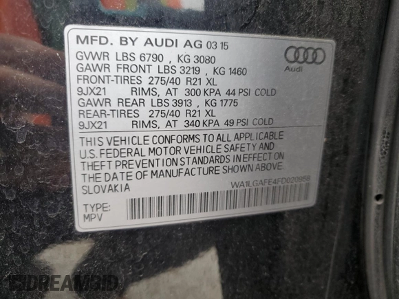 2015 Audi Q7 Premium Plus z VIN WA1LGAFE4FD020958, wystawiony jako Copart lot #60731645 z przebiegiem 105 978 mil mil oraz Szkoda całkowita • Salvage title. Historia ofert i sprzedaży dostępna na DreamBid. Obrazek 14.