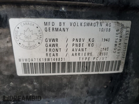2009 Volkswagen Rabbit S with VIN WVWDA71K19W146831, listed as a Copart auction lot 83756164 with 256,383 mi miles and Salvage title. Bid and sale history available at DreamBid. Image 13.