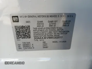 2021 Chevrolet Equinox LT with VIN 3GNAXJEV9MS162077, listed as a Copart auction lot 54849225 with 43,870 mi miles and Salvage title. Bid and sale history available at DreamBid. Image 12.