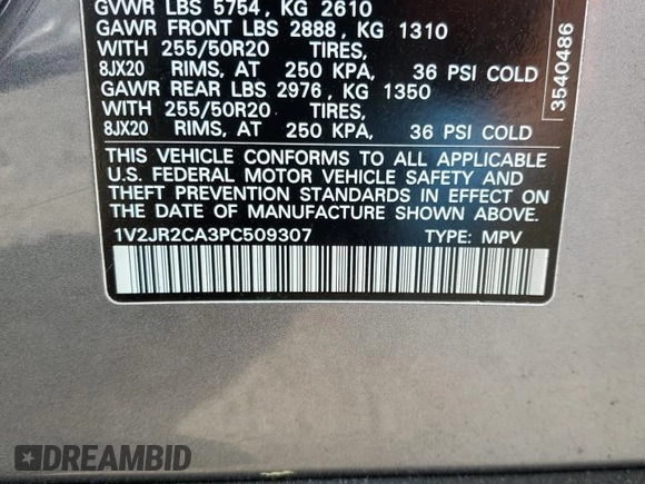2023 Volkswagen Atlas SE with VIN 1V2JR2CA3PC509307, listed as a Copart auction lot 49605735 with 40,398 mi miles and Salvage title. Bid and sale history available at DreamBid. Image 15.
