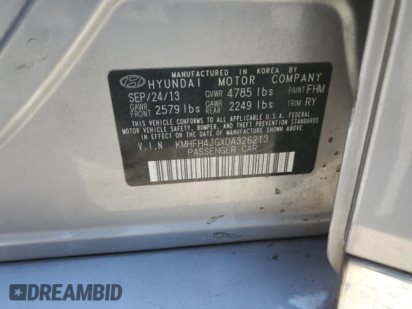 2013 Hyundai Azera with VIN KMHFH4JGXDA326213, listed as a Copart auction lot 52613875 with 131,966 mi miles and Salvage Title. Bid and sale history available at carsss.com. Image 12.