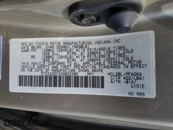 2004 Toyota Sienna XLE with VIN 5TDZA22C34S032306, listed as a Copart auction lot 54001125 with 235,253 mi miles and Salvage Title. Bid and sale history available at carsss.com. Image 13.
