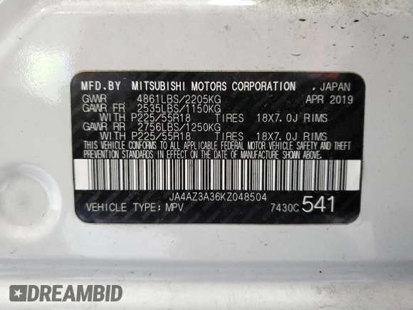 2019 Mitsubishi Outlander ES with VIN JA4AZ3A36KZ048504, listed as a Copart auction lot 59570195 with 92,473 mi miles and Salvage title. Bid and sale history available at DreamBid. Image 13.