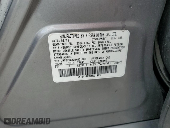 2013 Infiniti M with VIN JN1BY1AR2DM601965, listed as a Copart auction lot 62014215 with 134,047 mi miles and Salvage title. Bid and sale history available at DreamBid. Image 12.