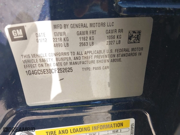 2012 Buick LaCrosse Leather with VIN 1G4GC5E30CF252625, listed as a IAAI auction lot 41779488 with 22,252 mi miles. Bid and sale history available at carsss.com. Image 9.