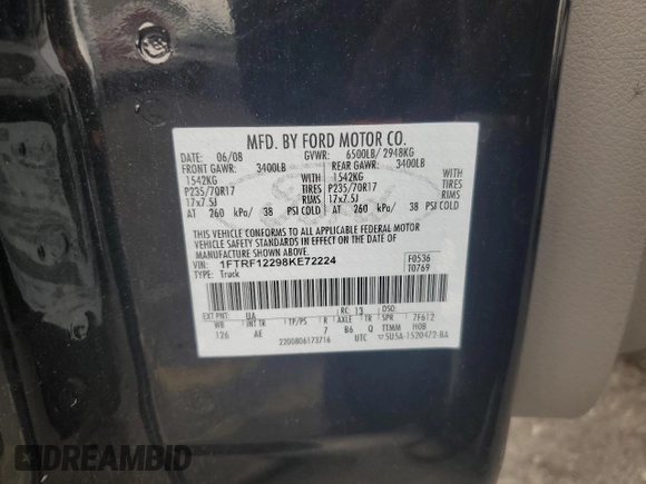 2008 Ford F-150 XL with VIN 1FTRF12298KE72224, listed as a Copart auction lot 63827945 with 167,187 mi miles and Clean title. Bid and sale history available at DreamBid. Image 12.
