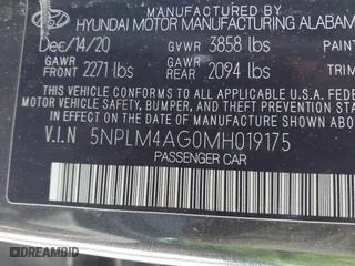 2021 Hyundai Elantra SEL with VIN 5NPLM4AG0MH019175, listed as a IAAI auction lot 41590000 with 63,345 mi miles. Bid and sale history available at carsss.com. Image 9.
