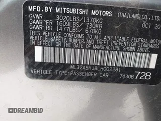 2020 Mitsubishi Mirage LE with VIN ML32A5HJ8LH002281, listed as a IAAI auction lot 42321313 with 59,064 mi miles and . Bid and sale history available at DreamBid. Image 9.