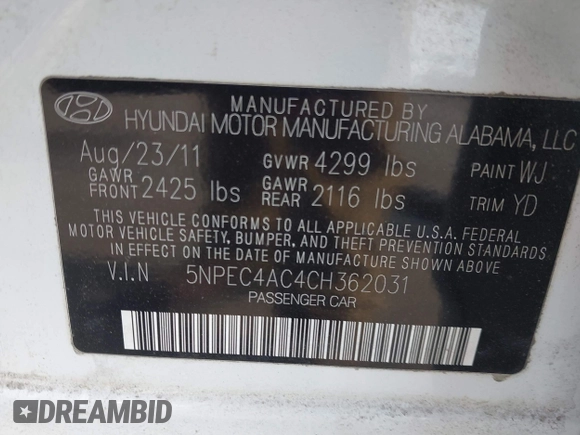 2012 Hyundai Sonata SE z VIN 5NPEC4AC4CH362031, wystawiony jako IAAI lot #41796480 z przebiegiem 160 659 mil mil oraz . Historia ofert i sprzedaży dostępna na DreamBid. Obrazek 9.