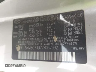 2007 Hyundai Santa Fe GLS with VIN 5NMSG73D77H067992, listed as a IAAI auction lot 42776079 with 126,536 mi miles and . Bid and sale history available at DreamBid. Image 9.