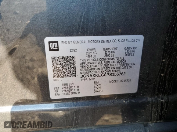 2023 Chevrolet Equinox LT with VIN 3GNAXKEG0PS156762, listed as a Copart auction lot 55434295 with 36,898 mi miles and Salvage title. Bid and sale history available at DreamBid. Image 13.