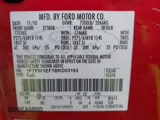 2011 Ford F-150 XL with VIN 1FTFW1EF1BKD03193, listed as a IAAI auction lot 42090279 with 311,253 mi miles and . Bid and sale history available at DreamBid. Image 9.