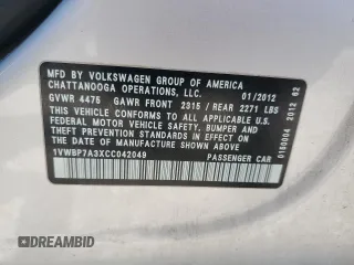 2012 Volkswagen Passat SE with VIN 1VWBP7A3XCC042049, listed as a Copart auction lot 55990465 with 116,659 mi miles and Salvage title. Bid and sale history available at DreamBid. Image 12.