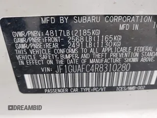2024 Subaru Impreza Special Sports with VIN JF1GUAFC4R8310280, listed as a IAAI auction lot 42237402 with 3,770 mi miles and . Bid and sale history available at DreamBid. Image 9.
