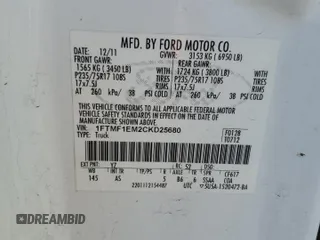 2012 Ford F-150 XL with VIN 1FTMF1EM2CKD25680, listed as a Copart auction lot 82422404 with 282,375 mi miles and Clean title. Bid and sale history available at DreamBid. Image 12.