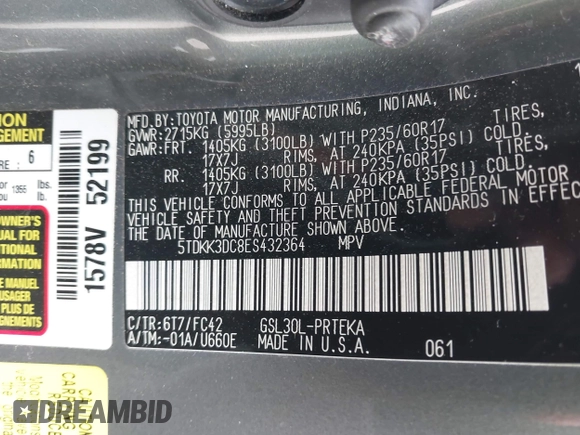 2014 Toyota Sienna LE AAS with VIN 5TDKK3DC8ES432364, listed as a IAAI auction lot 42081378 with 187,131 mi miles and . Bid and sale history available at DreamBid. Image 9.