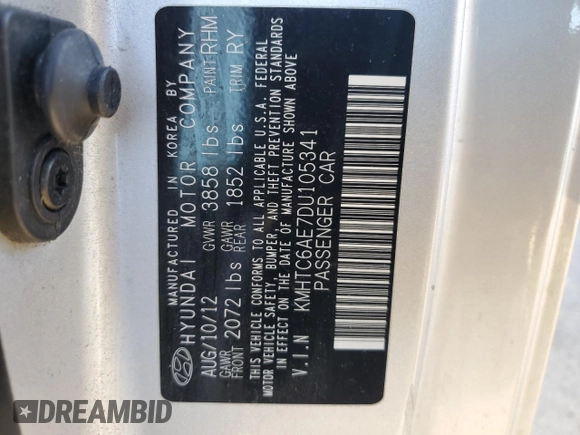 2013 Hyundai Veloster Turbo with VIN KMHTC6AE7DU105341, listed as a Copart auction lot 88179185 with Not provided miles and Salvage title. Bid and sale history available at DreamBid. Image 12.