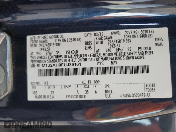 2015 Lincoln MKC with VIN 5LMTJ2AH9FUJ39161, listed as a Copart auction lot 53650815 with 152,528 mi miles and Clean Title. Bid and sale history available at DreamBid. Image 13.