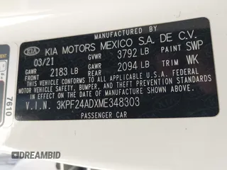 2021 Kia Forte LXS z VIN 3KPF24ADXME348303, wystawiony jako IAAI lot #42082884 z przebiegiem 102 754 mil mil oraz . Historia ofert i sprzedaży dostępna na DreamBid. Obrazek 9.
