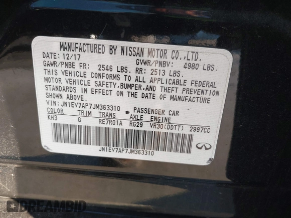2018 Infiniti Q50 3.0t LUXE with VIN JN1EV7AP7JM363310, listed as a IAAI auction lot 40924400 with 103,578 mi miles. Bid and sale history available at carsss.com. Image 9.