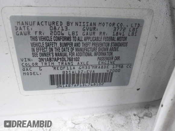 2013 Nissan Sentra SR with VIN 3N1AB7AP1DL768102, listed as a IAAI auction lot 42096083 with 178,321 mi miles and . Bid and sale history available at DreamBid. Image 9.