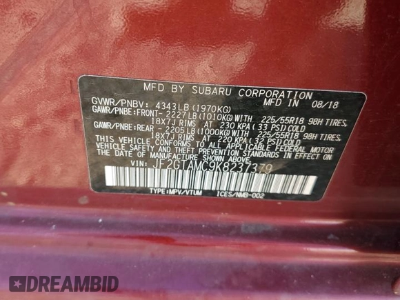 2019 Subaru Crosstrek Limited z VIN JF2GTAMC9K8237379, wystawiony jako Copart lot #58015985 z przebiegiem 52 856 mil mil oraz Szkoda całkowita • Salvage title. Historia ofert i sprzedaży dostępna na DreamBid. Obrazek 12.