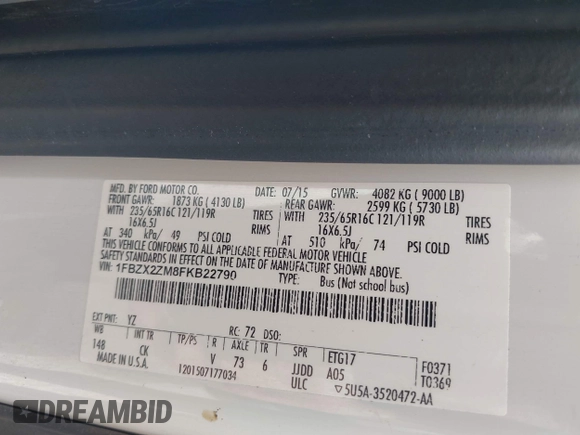 2015 Ford Transit XL с VIN 1FBZX2ZM8FKB22790, выставлен на аукционе IAAI как лот 42282338 с пробегом 617 939 миль миль и . История ставок и продаж доступна на DreamBid. Изображение 9.