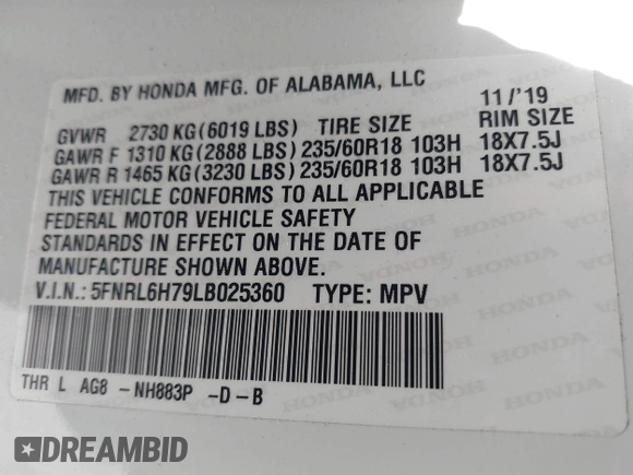 2020 Honda Odyssey EX-L с VIN 5FNRL6H79LB025360, выставлен на аукционе IAAI как лот 41743909 с пробегом 50 942 миль миль и . История ставок и продаж доступна на DreamBid. Изображение 9.