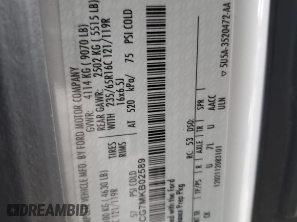 2021 Ford Transit with VIN 1FDBR1CG7MKB02589, listed as a Copart auction lot 88372545 with Not provided miles and Salvage title. Bid and sale history available at DreamBid. Image 12.